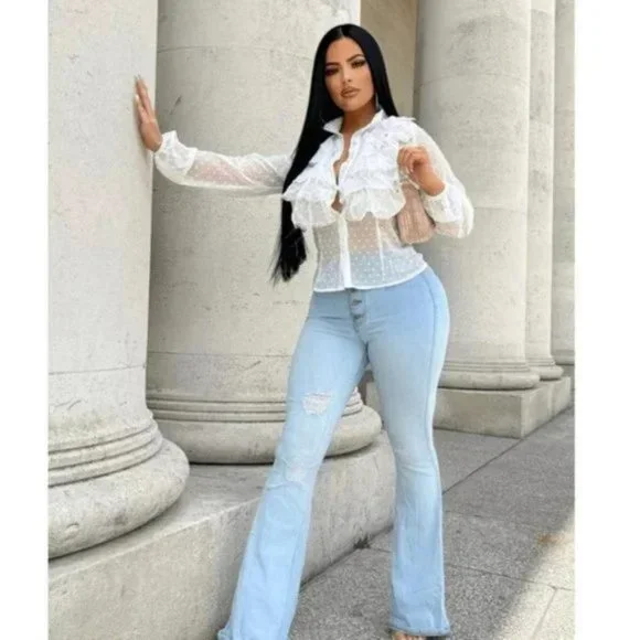 White Polka Dot Long Sleeve High Neck Ruffle Blouse Top - Picture 5 of 15